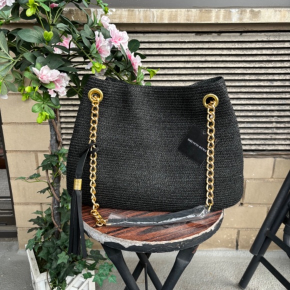 NWT Black Straw Saks Fifth Avenue Bag - Picture 2 of 5